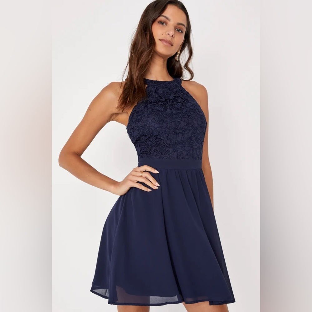 Lulu’s Lover’s Game Navy Blue Lace Skater Dress